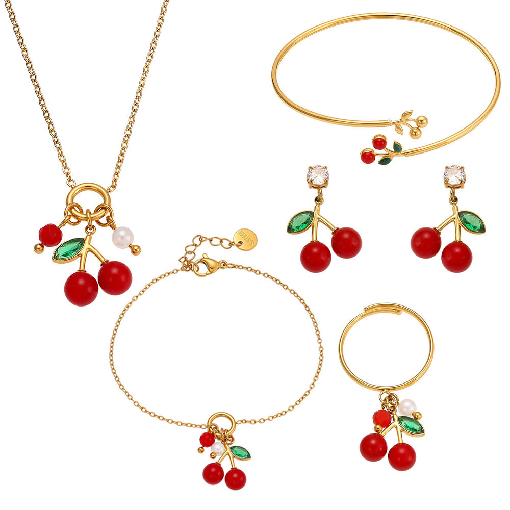 Whimsical Cherry Stainless Steel Waterproof Gold Color Zircon Women's Jewelry Sets Picture2