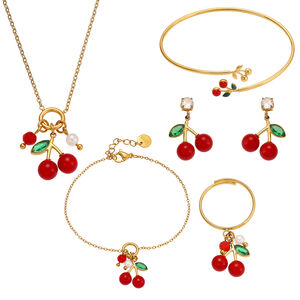 Whimsical Cherry Stainless Steel Waterproof Gold Color Zircon Women's Jewelry Sets h5 Picture2
