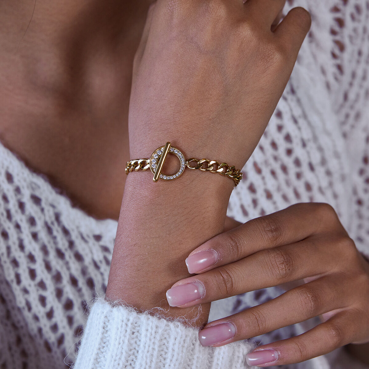 1 Piece Luxurious OT Zircon Chain Stainless Steel Waterproof Gold Color Women's Chain Bracelets 2