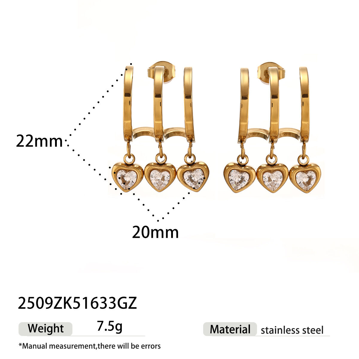 1 Pair Heart Stainless Steel Waterproof Gold Color  Zircon Drop Earrings h5 