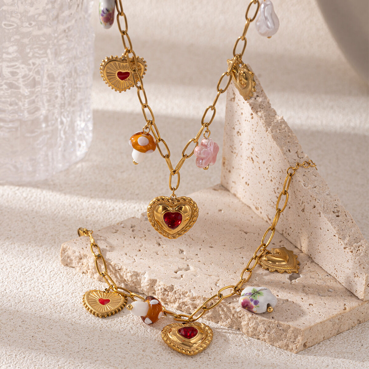 Heart Stainless Steel Waterproof Gold Color Necklaces Set h5 Picture2
