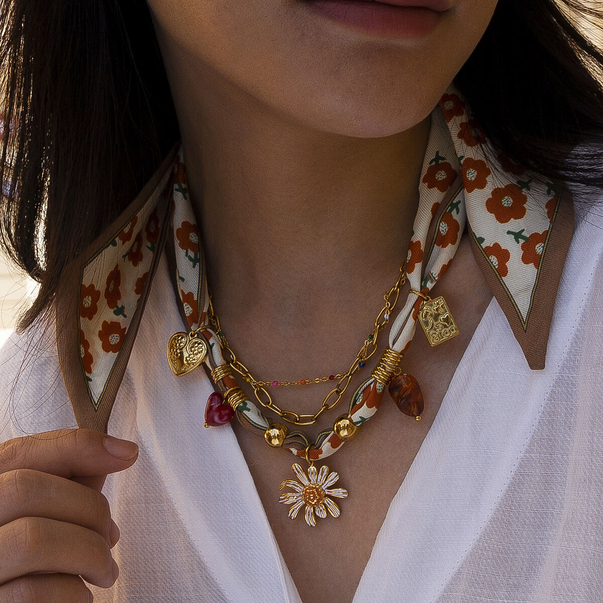 1 Piece Flower Stainless Steel Waterproof Gold Color Fabric Pendant Necklace h5 Picture4