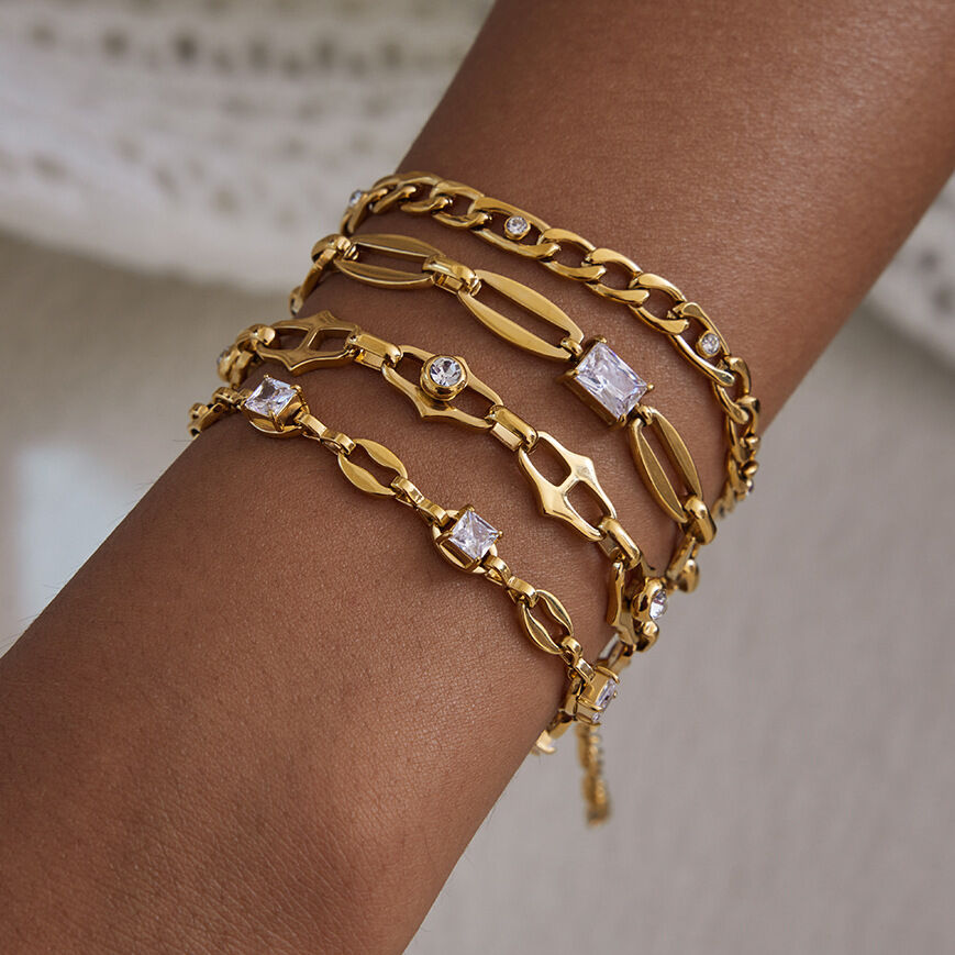 1 pieza exquisita cadena de acero inoxidable resistente al agua color dorado circonita pulseras de cadena para mujer 2