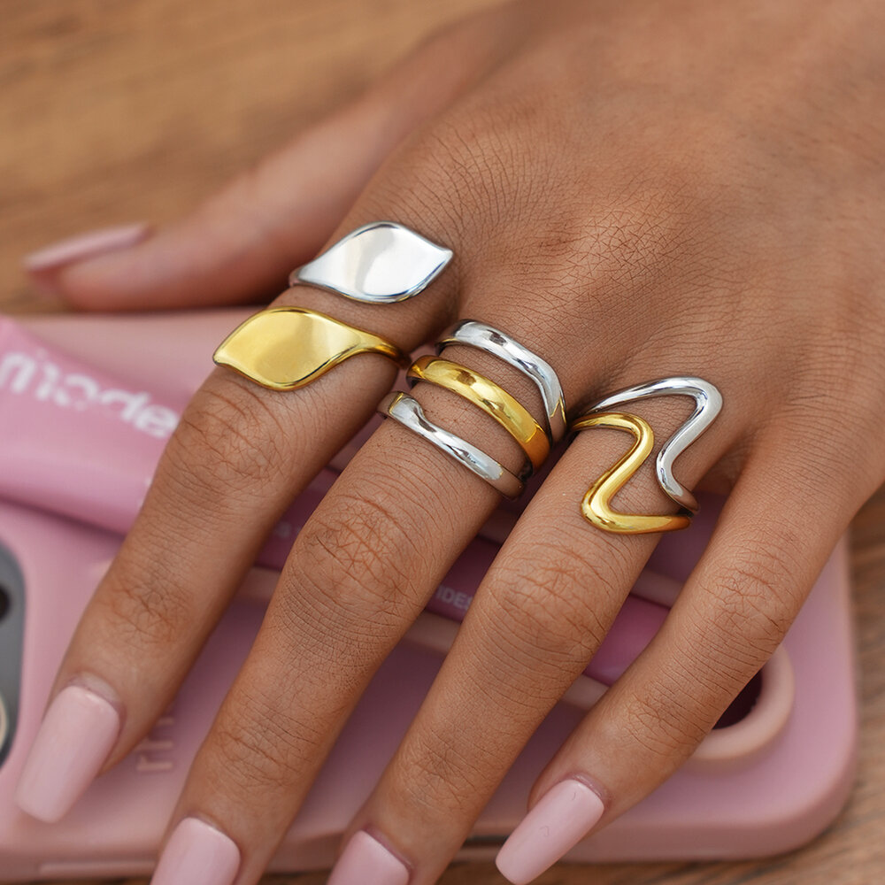 1 pezzo di anelli da donna in acciaio inossidabile color oro e argento misti h5Immagine5