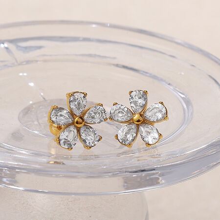 1 paio di orecchini piercing in acciaio inossidabile con fiore, impermeabili, color oro e zirconi 2