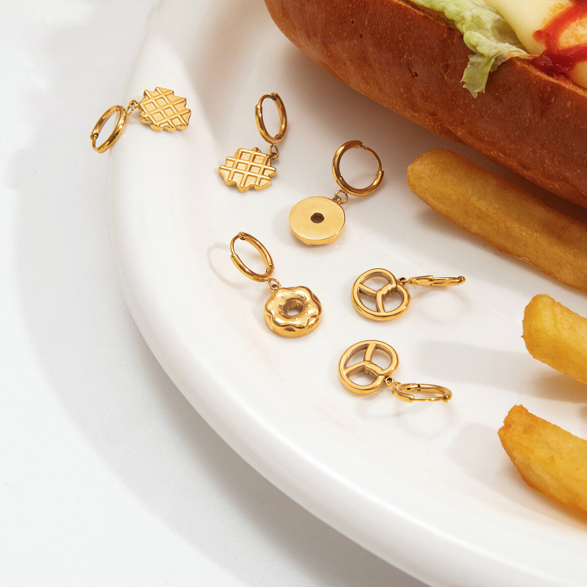 1 Pair Romantic Doughnut Stainless Steel Waterproof Gold Color Women's Drop Earrings h5Picture5