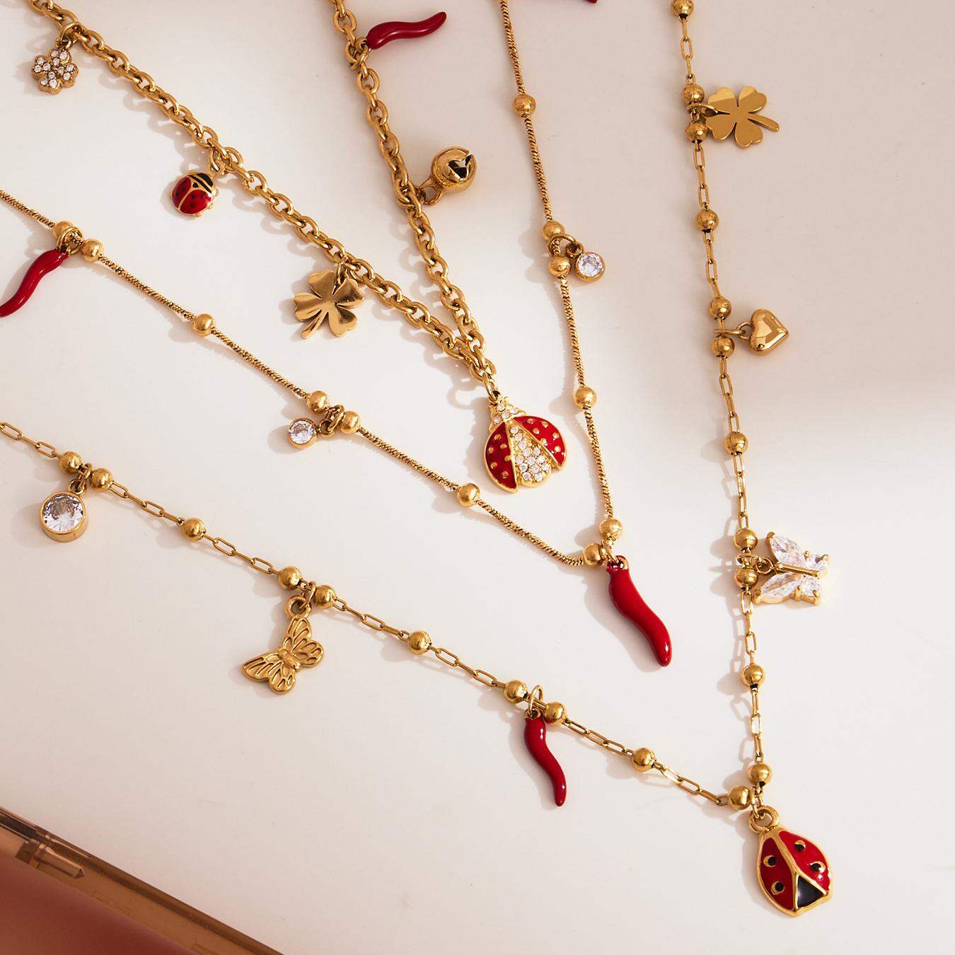 Classic Beetle&Clover Stainless Steel Waterproof Gold Color Zircon Women's Jewelry Sets Picture6