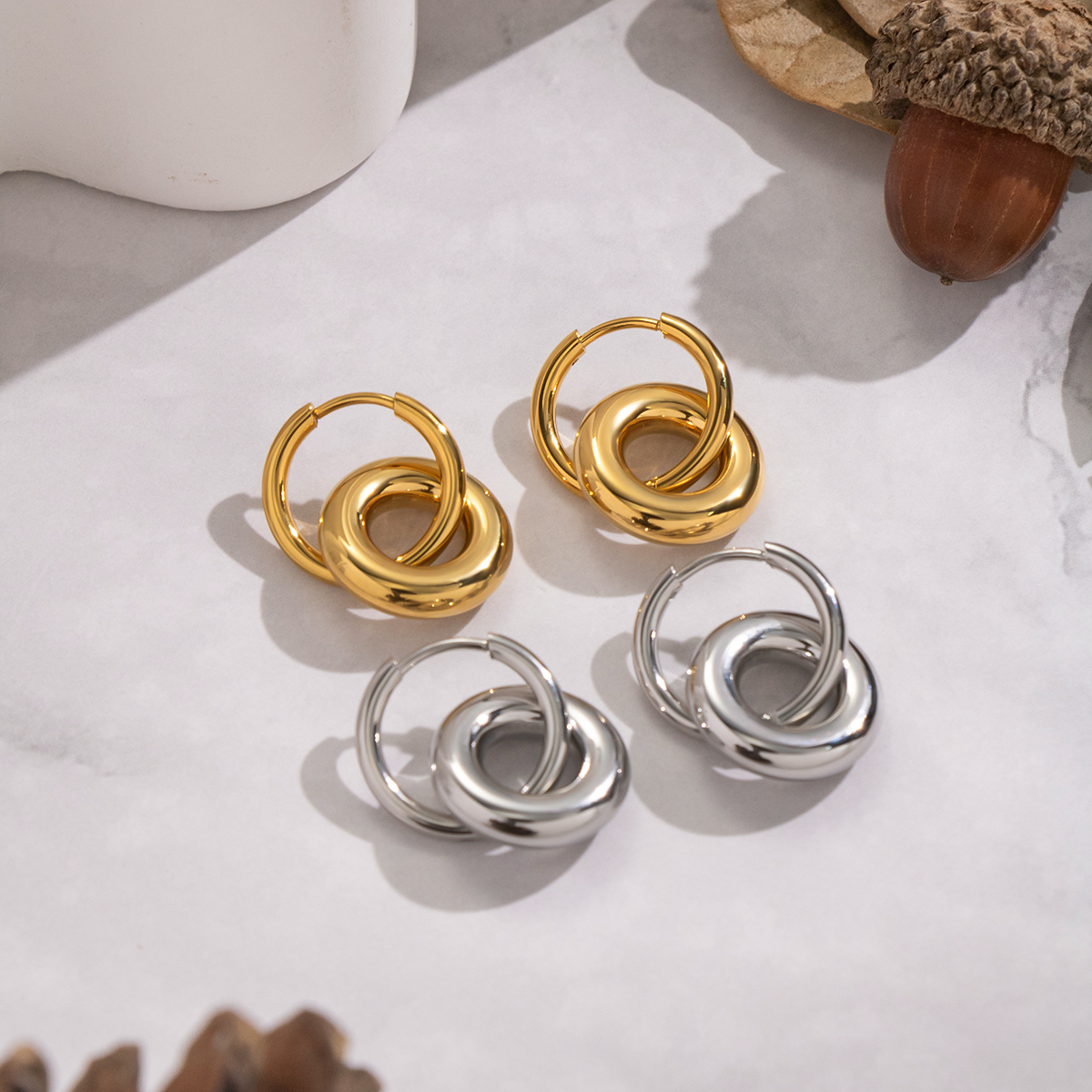 1 Pair Circle Stainless Steel Waterproof Gold Color Hoop Earrings h5 Picture3