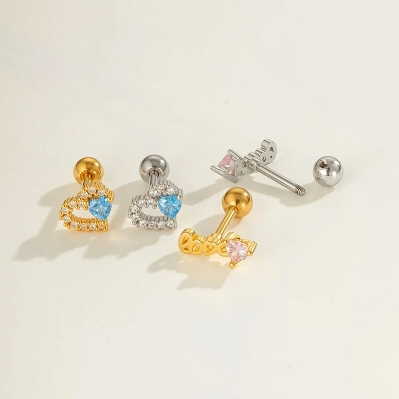 Orecchino piercing in zircone color oro e rame a forma di cuore, 1 pezzo 2