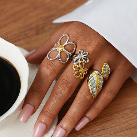 1 Piece Flower Plant Stainless Steel Waterproof Gold Color Women‘s Statement Rings