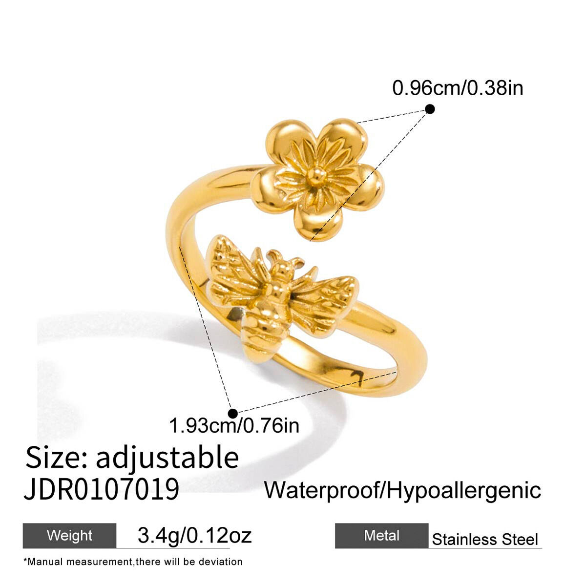 1 Stück Statement-Ring aus Edelstahl mit natürlichem Blumen- und Bienenmotiv, wasserfest, goldfarben h5 Bild2