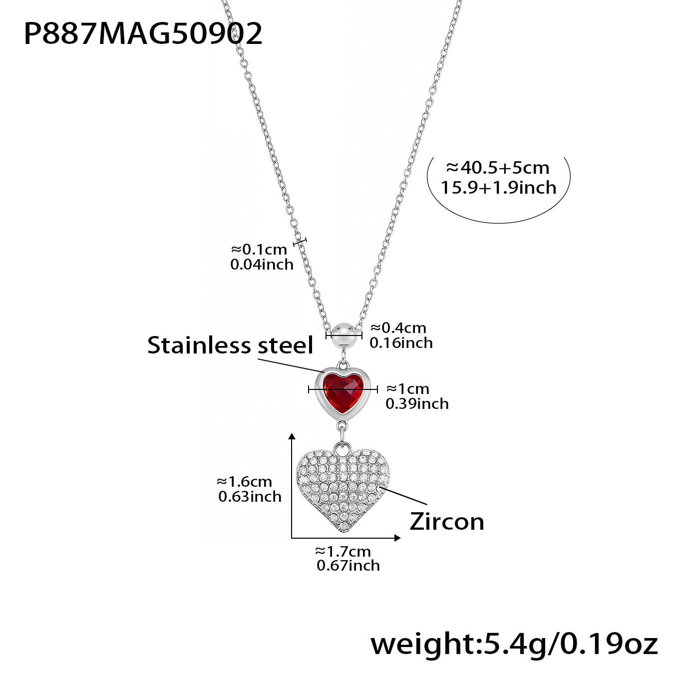 P887-Steel Heart Zircon Necklace 40+5Cm Picture4