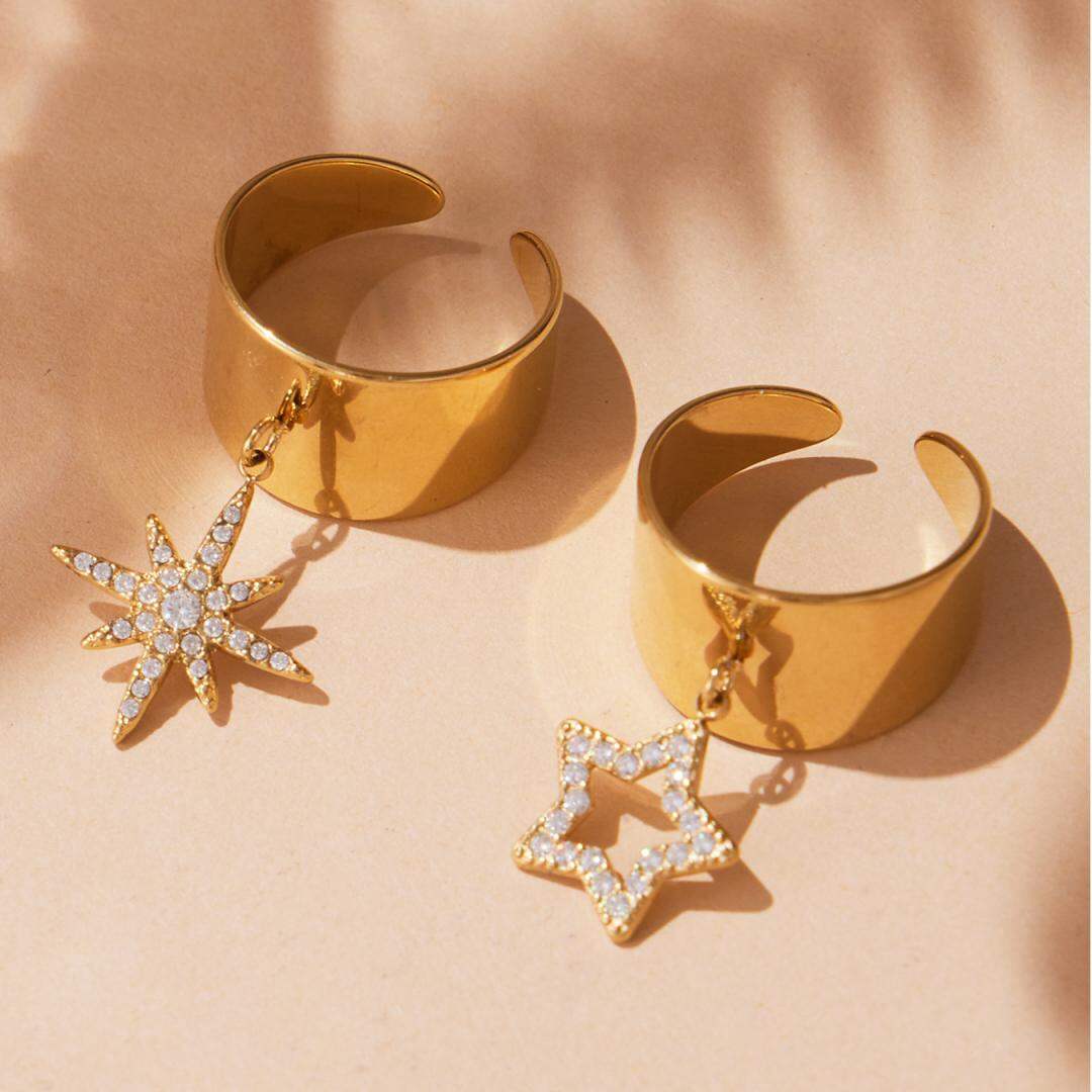Anillo de acero inoxidable con circonitas de color dorado resistente al agua y con estrella brillante para mujer, 1 pieza