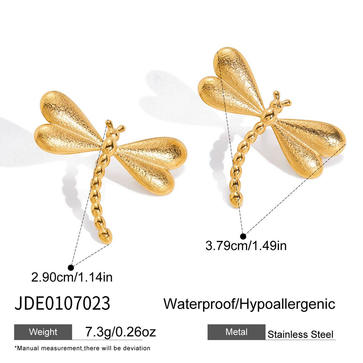 1 Pair Gorgeous Dragonfly Stainless Steel Waterproof Gold Color Women's Stud Earrings h5 Picture2