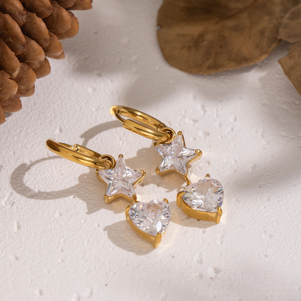 1 Pair Stainless Steel Waterproof Gold Color Heart Star Zircon Drop Earrings