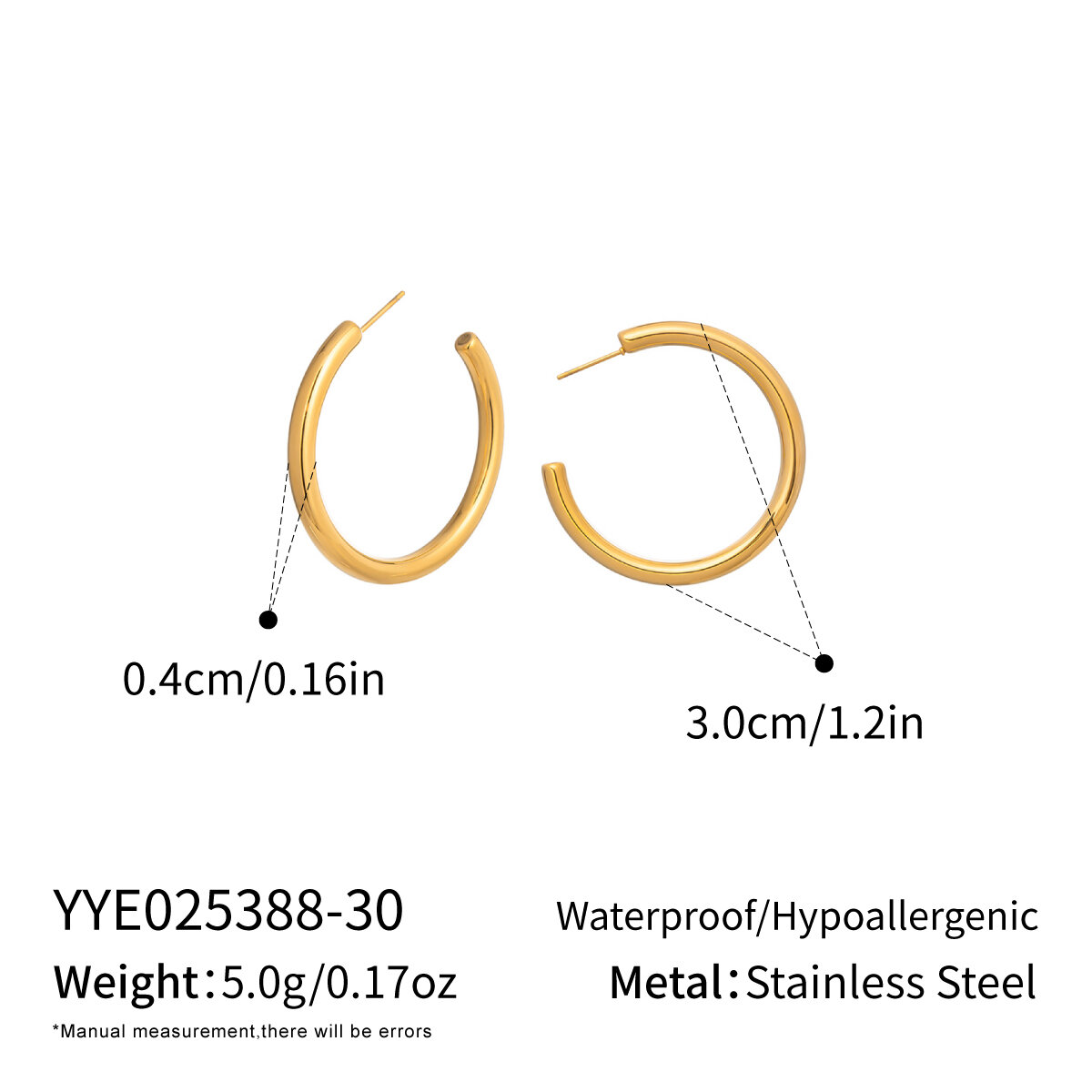 1 Pair Stainless Steel Waterproof Gold Color Hoop Earrings 