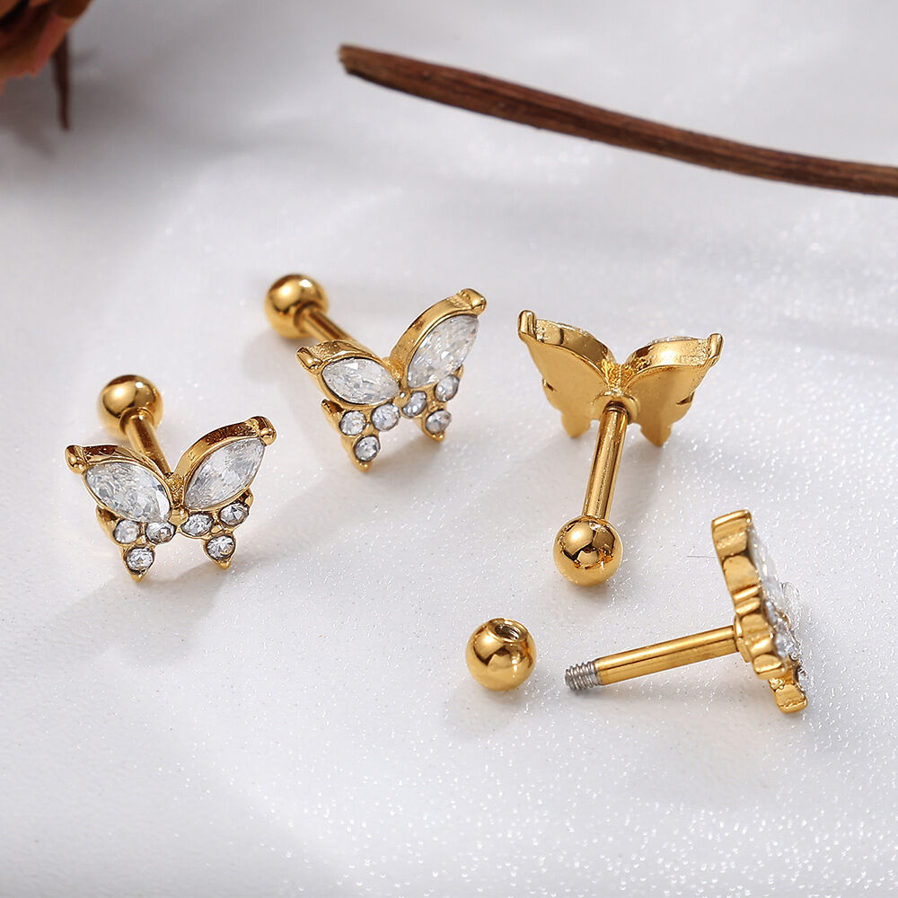 1 Çift Kelebek Desenli Paslanmaz Çelik Su Geçirmez Altın Renk Kristal Piercing Küpe h5Resim3
