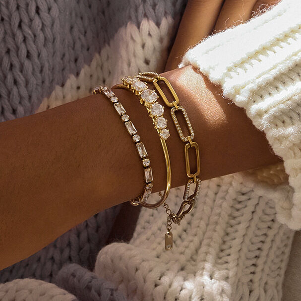 1 Stück luxuriöser runder Armreif aus wasserdichtem Edelstahl in Goldfarbe mit Zirkonia für Damen Bild3