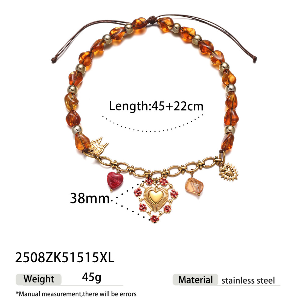 Retro Beads Acrylic Heart Pendant Necklace Set Picture2