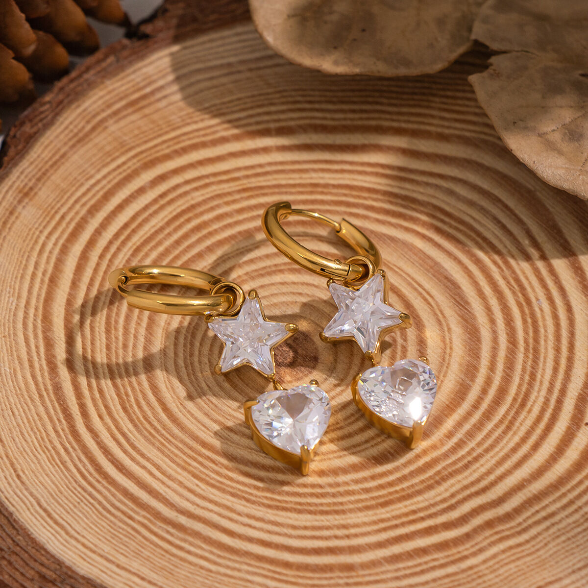 1 Pair Stainless Steel Waterproof Gold Color Heart Star Zircon Drop Earrings 2