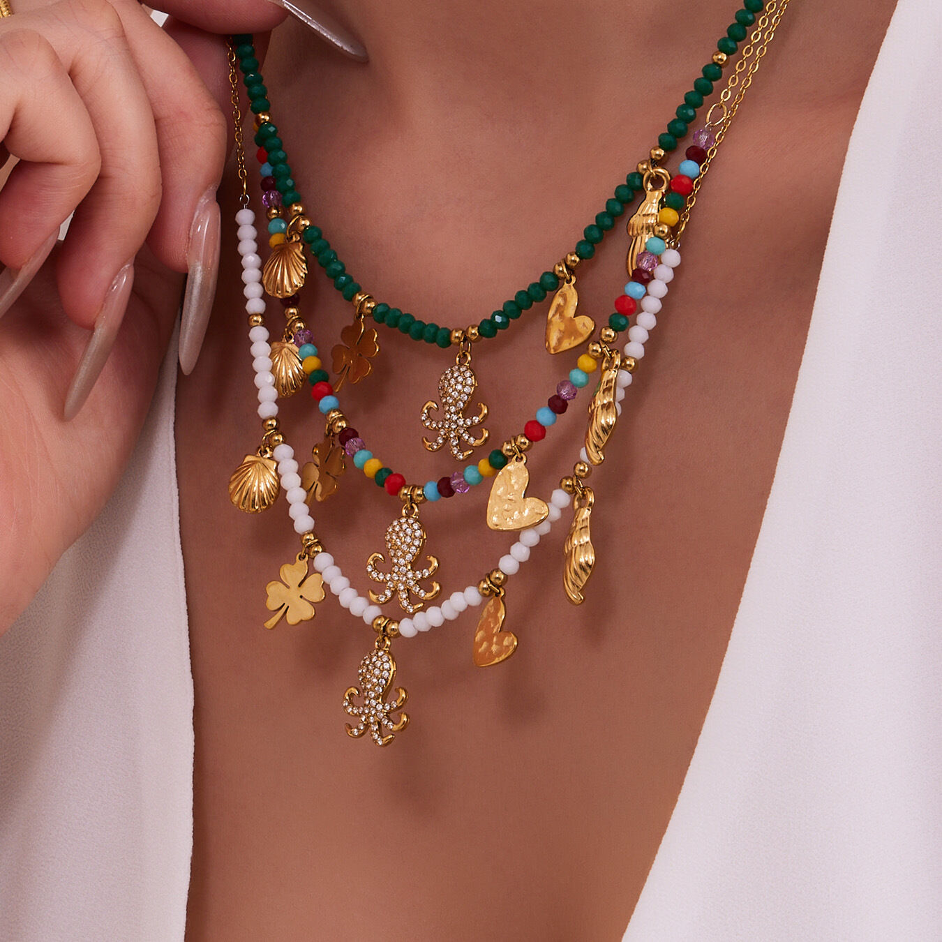 1 Piece Luxurious Octopus Stainless Steel Waterproof Gold Color Natural Stone Zircon Women's Beaded Necklaces Picture3