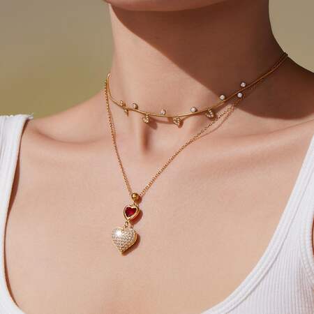 1 Piece Delicate Cute Heart Stainless Steel Waterproof Gold Color Zircon Women's Pendant Necklaces