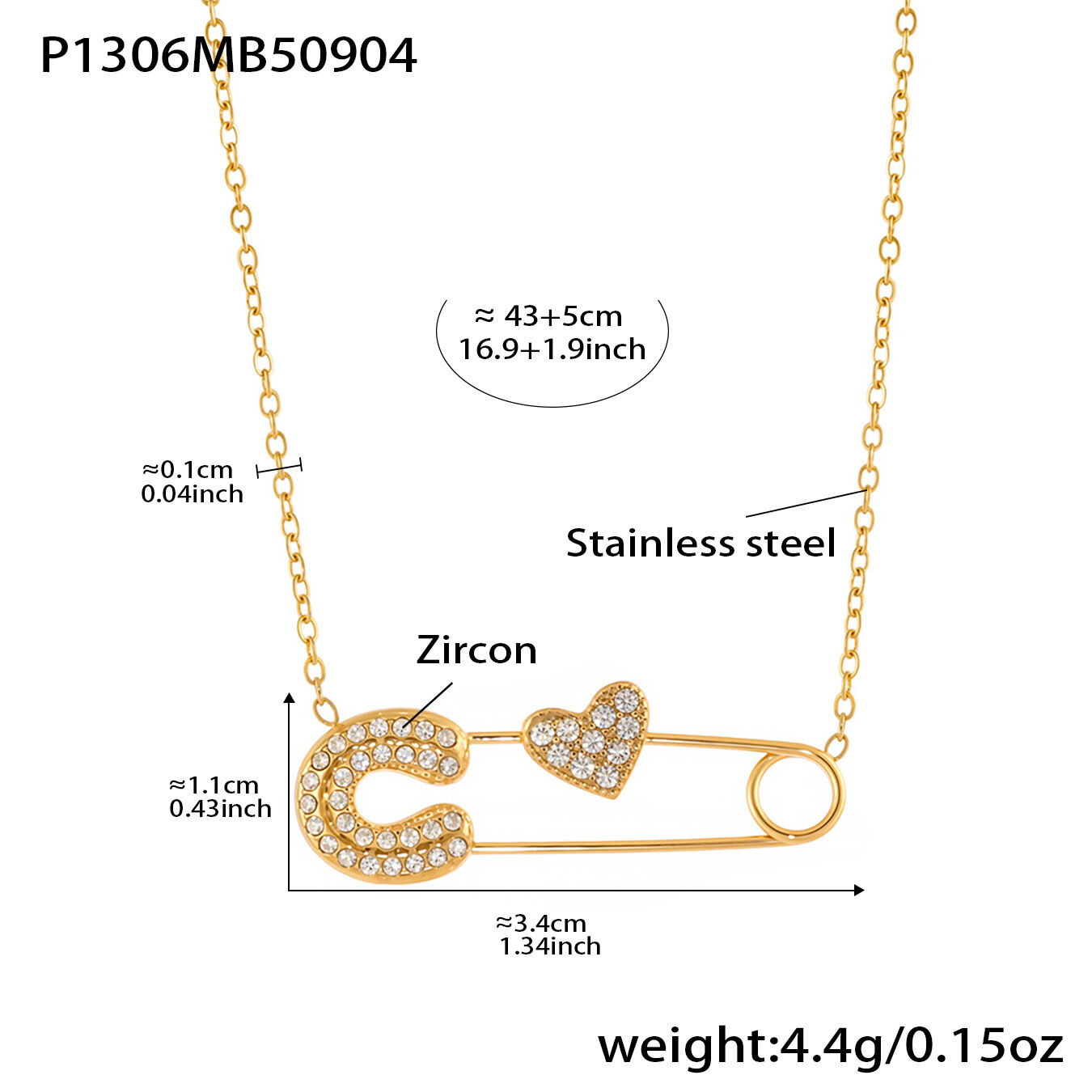 P1306-Golden Heart Paperclip Zircon Necklace 43+5Cm Picture5