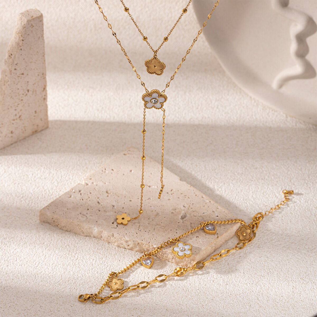 Flower Shape Stainless Steel Waterproof Gold Color Necklaces Set