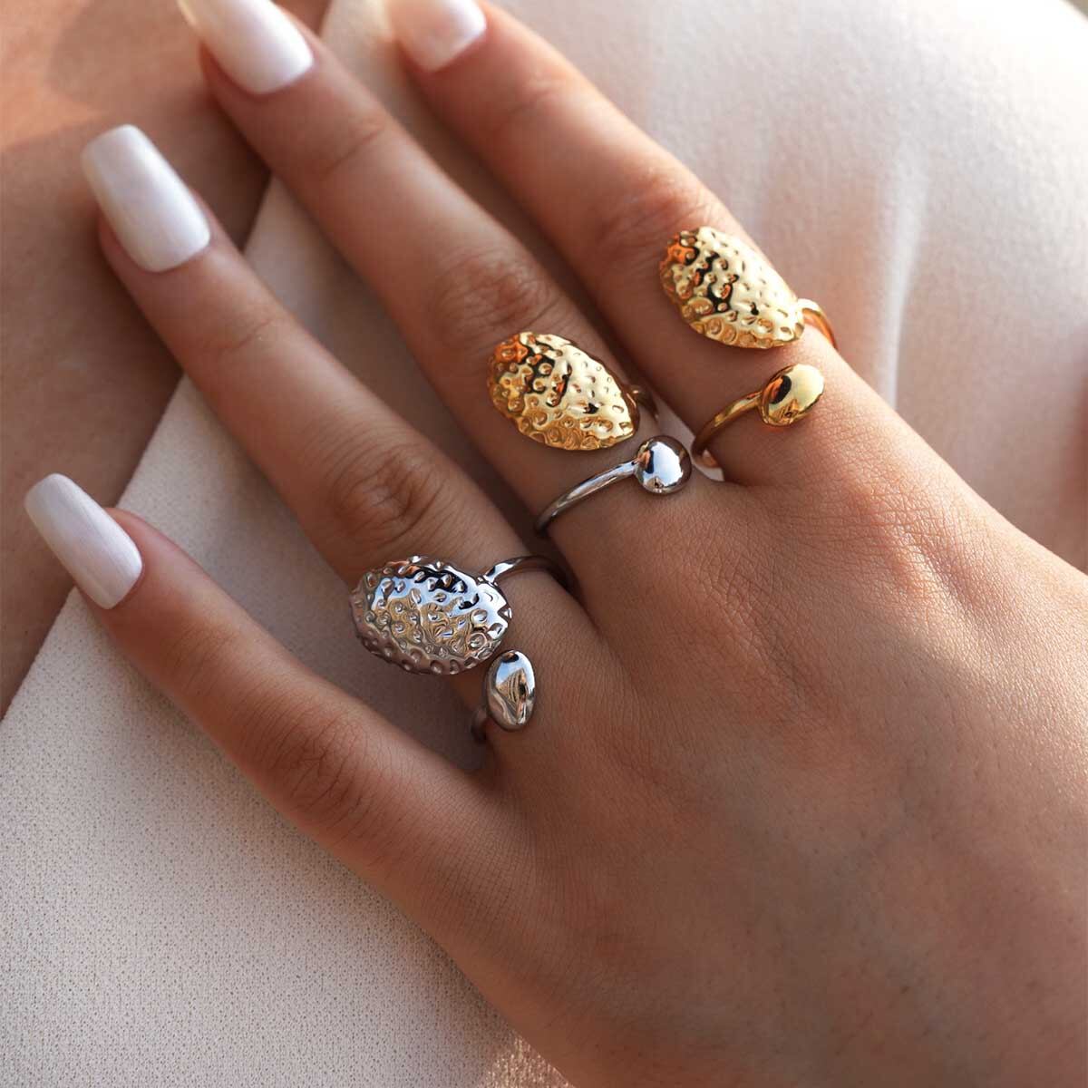 1 Piece Daily Hammer Pattern Stainless Steel Waterproof Gold Color Statement Rings Picture6