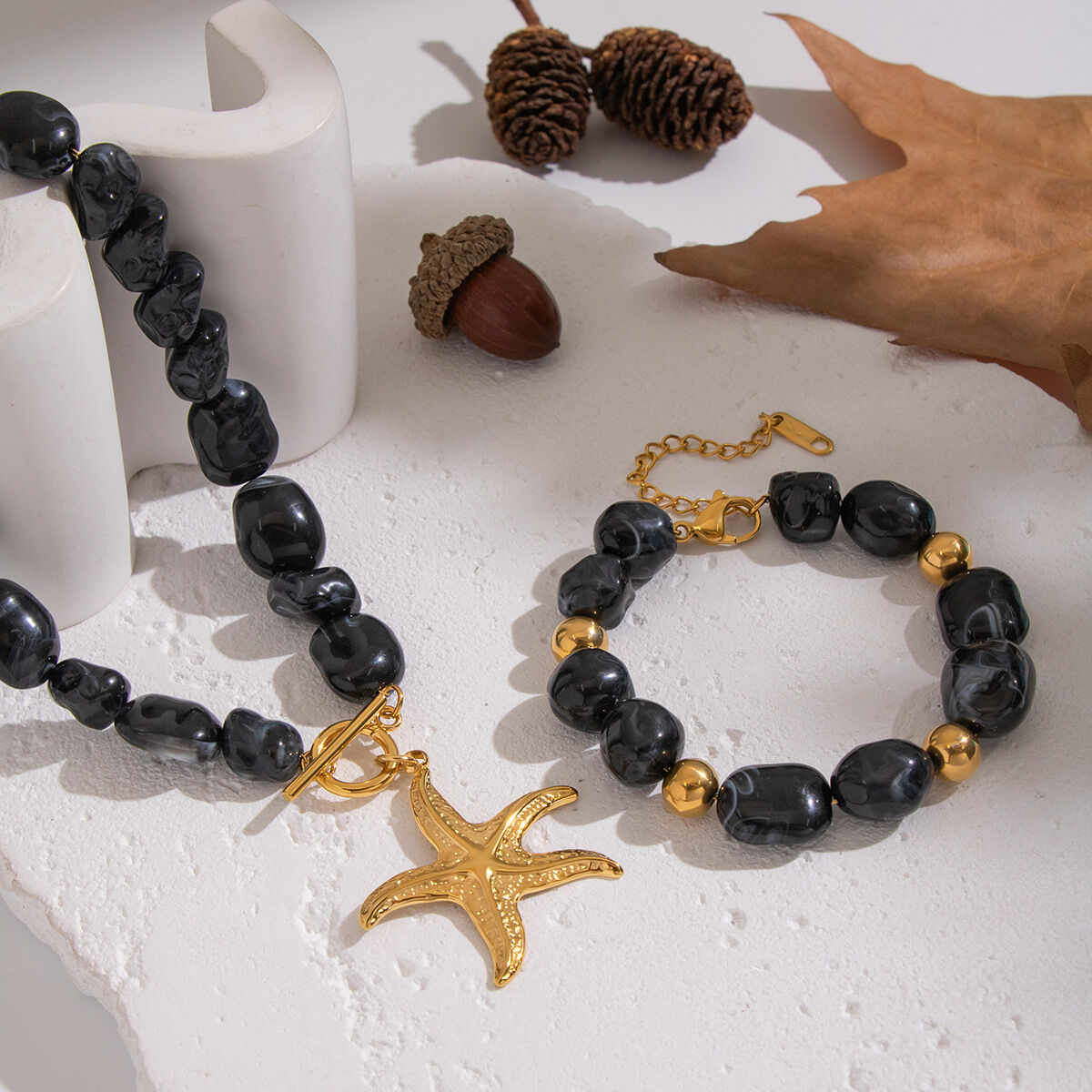 Irregular Shape Resin Beads Starfish Pendant Necklace Set 2