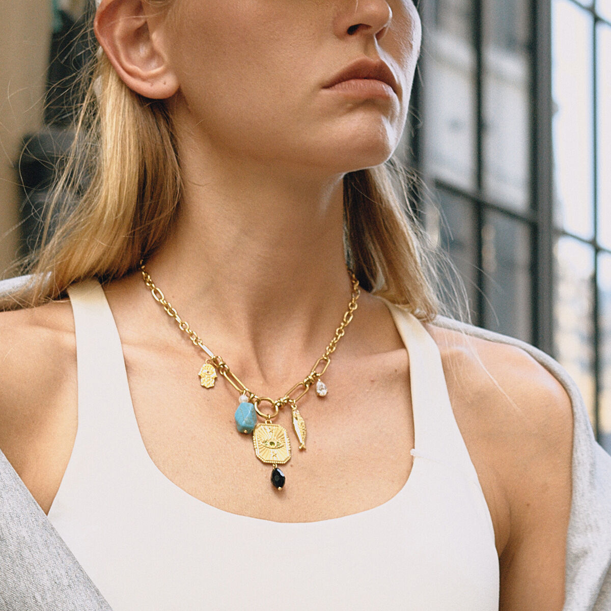 1 Piece Gorgeous Devil's Eye Stainless Steel Waterproof Gold Color Natural Stone Women's Pendant Necklaces h5 Picture3