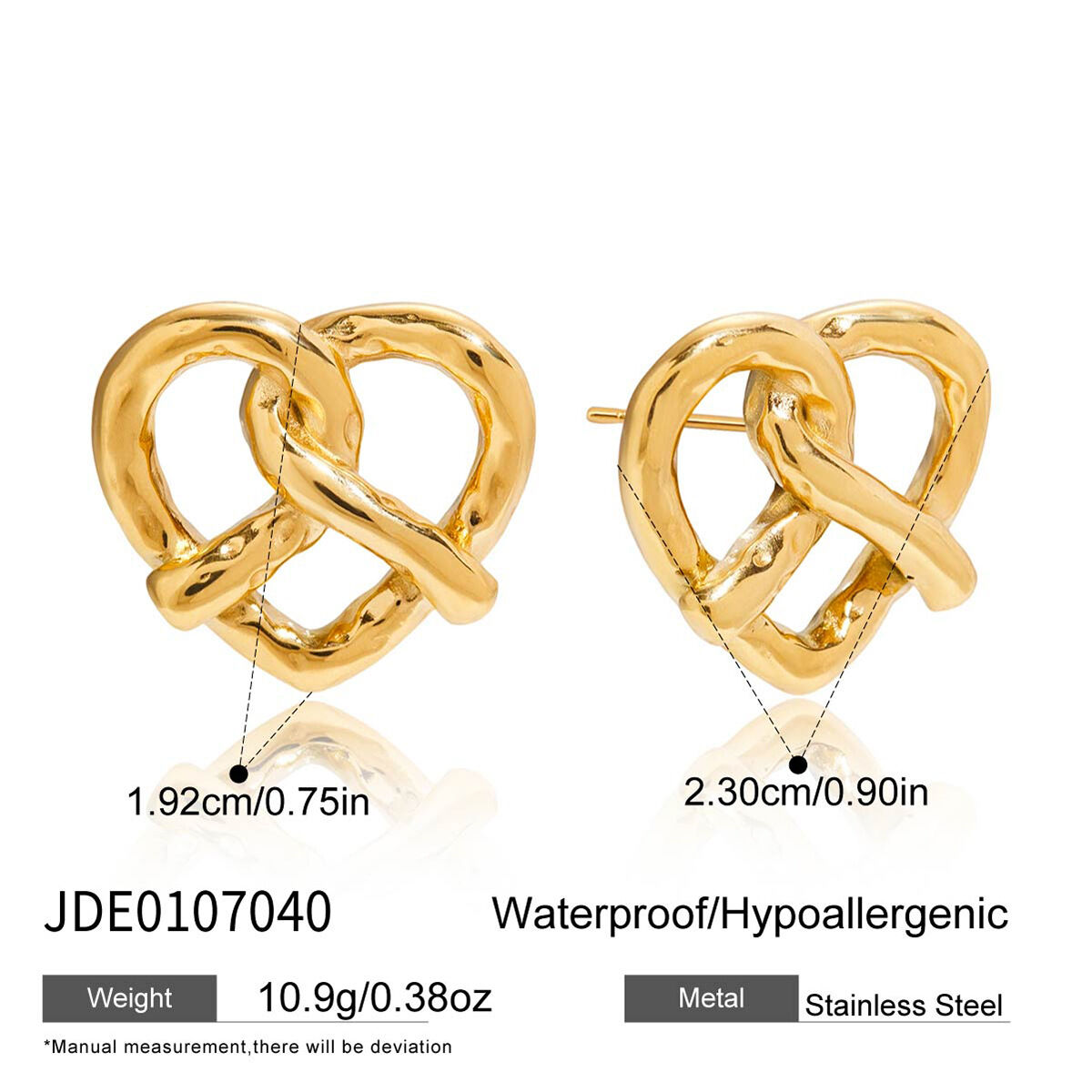 1 paio di graziosi orecchini a bottone da donna in acciaio inossidabile a forma di pretzel, impermeabili, color oro h5 Immagine2