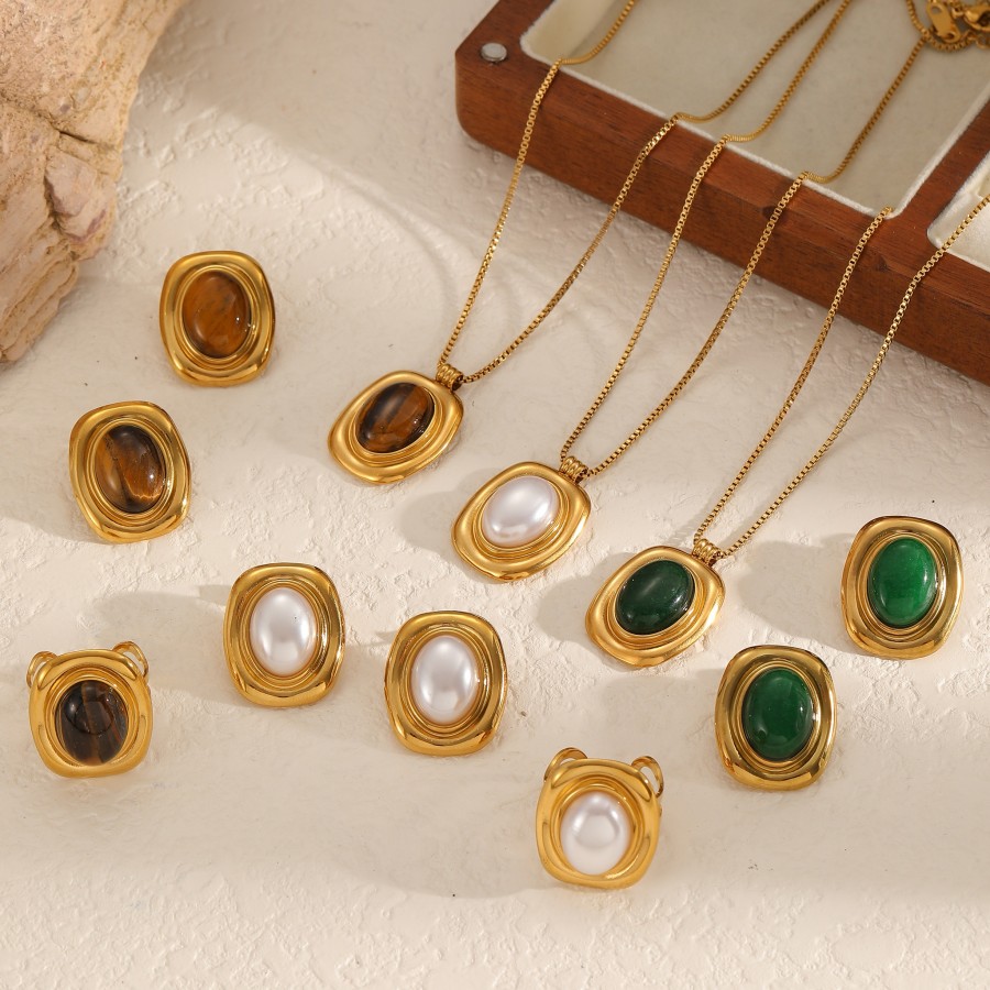 Retro Rectangle Stainless Steel Waterproof Gold Color Natural Stone Necklace Set