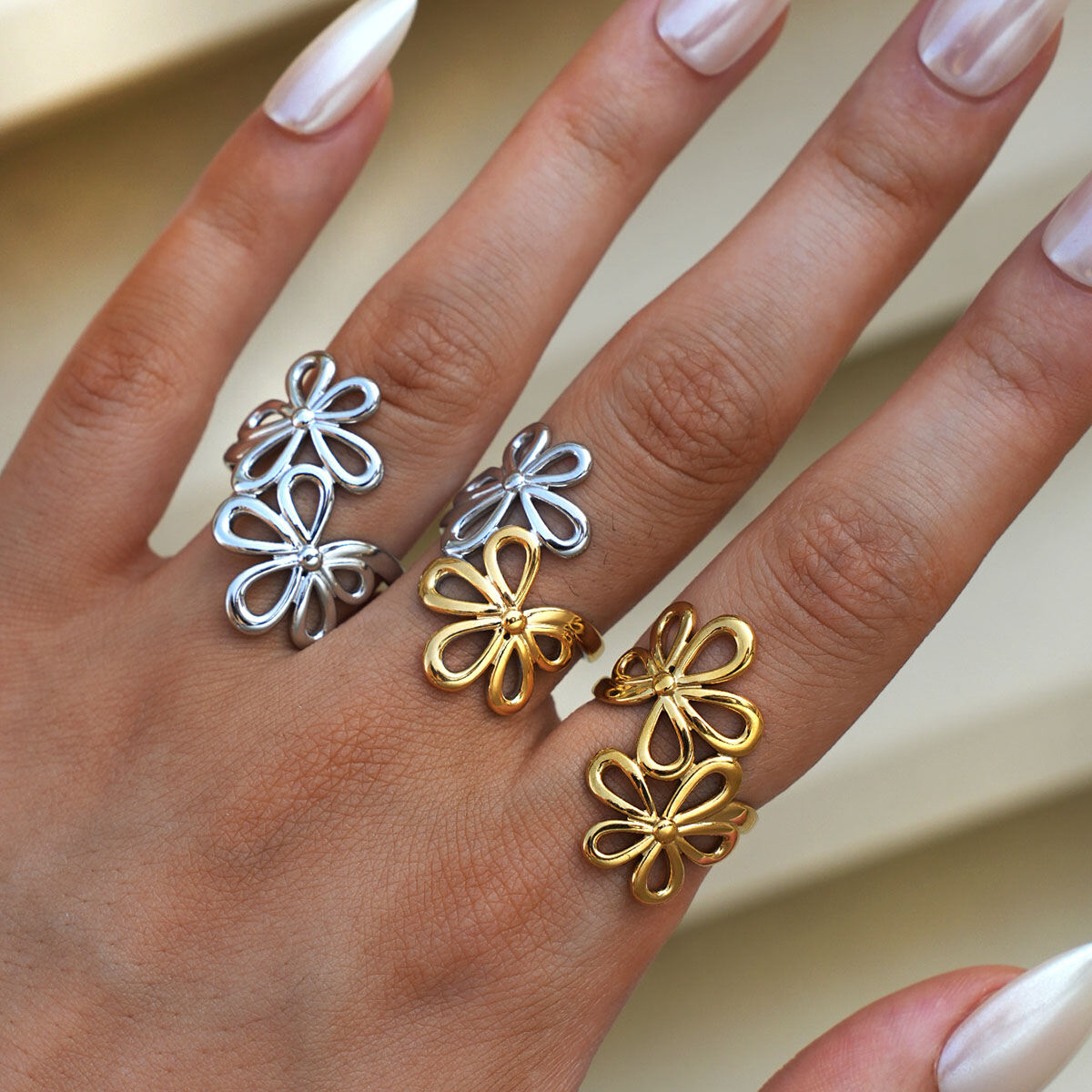1 Piece  Natural Flower Stainless Steel Waterproof   Gold Color Women's  Statement Rings h5 Picture5