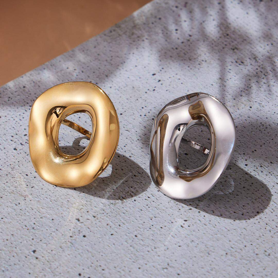 1 Piece Exaggerated Irregular Circle Stainless Steel Waterproof Gold Color Statement Rings