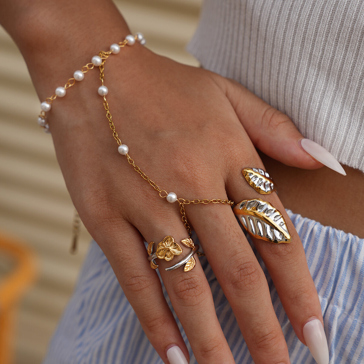 1Piece Simple Retro Flower Leaf Plant Stainless Steel Waterproof Women's Jewelry Sets h5Picture5