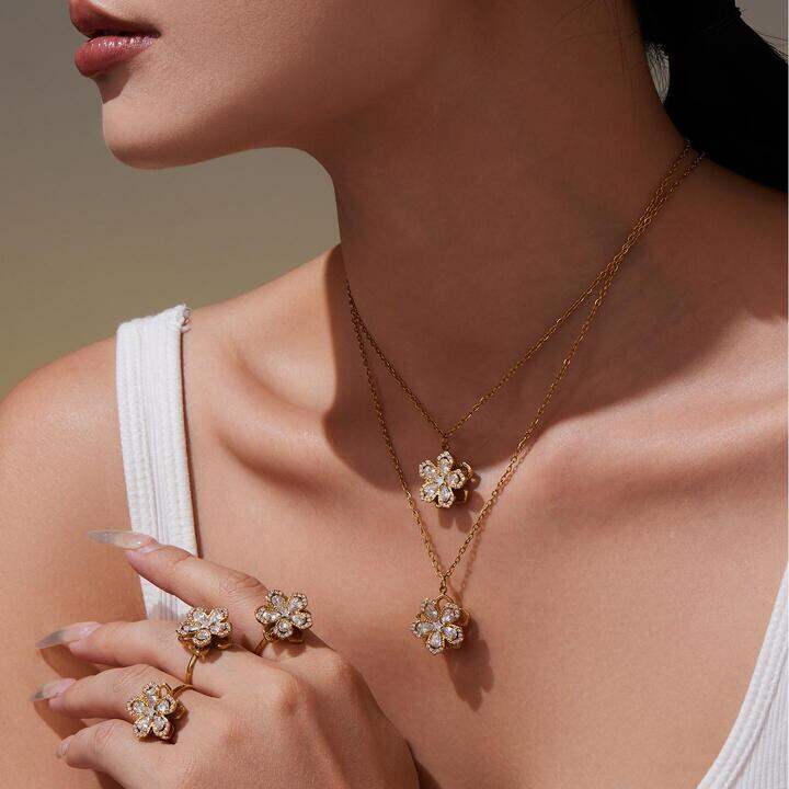 Classic Flower Rotatable Stainless Steel Waterproof Gold Color Zircon Women's Jewelry Sets