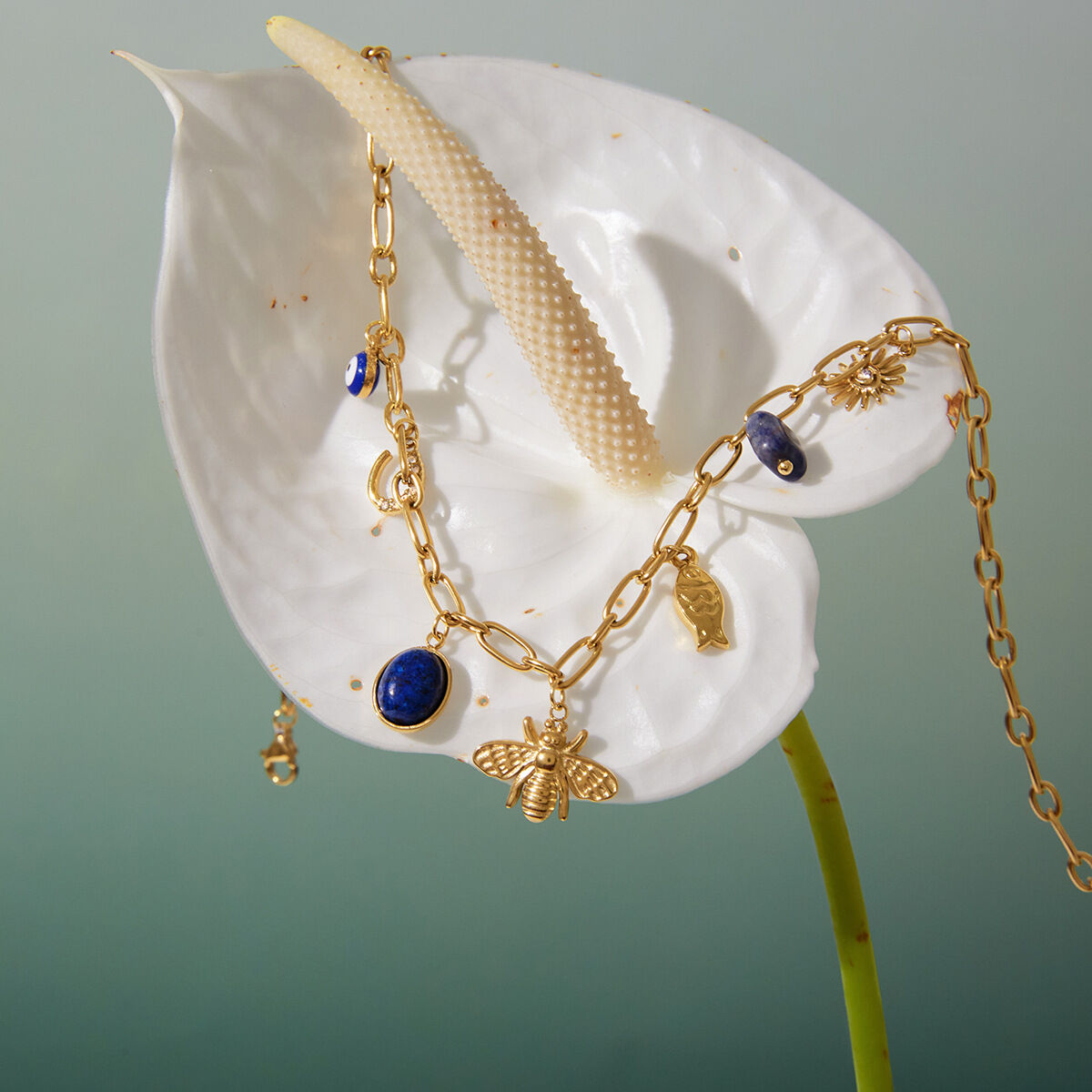1 Piece Luxurious Bee Lapis Lazuli Stainless Steel Waterproof Gold Color Women's Pendant Necklaces h5 Picture4