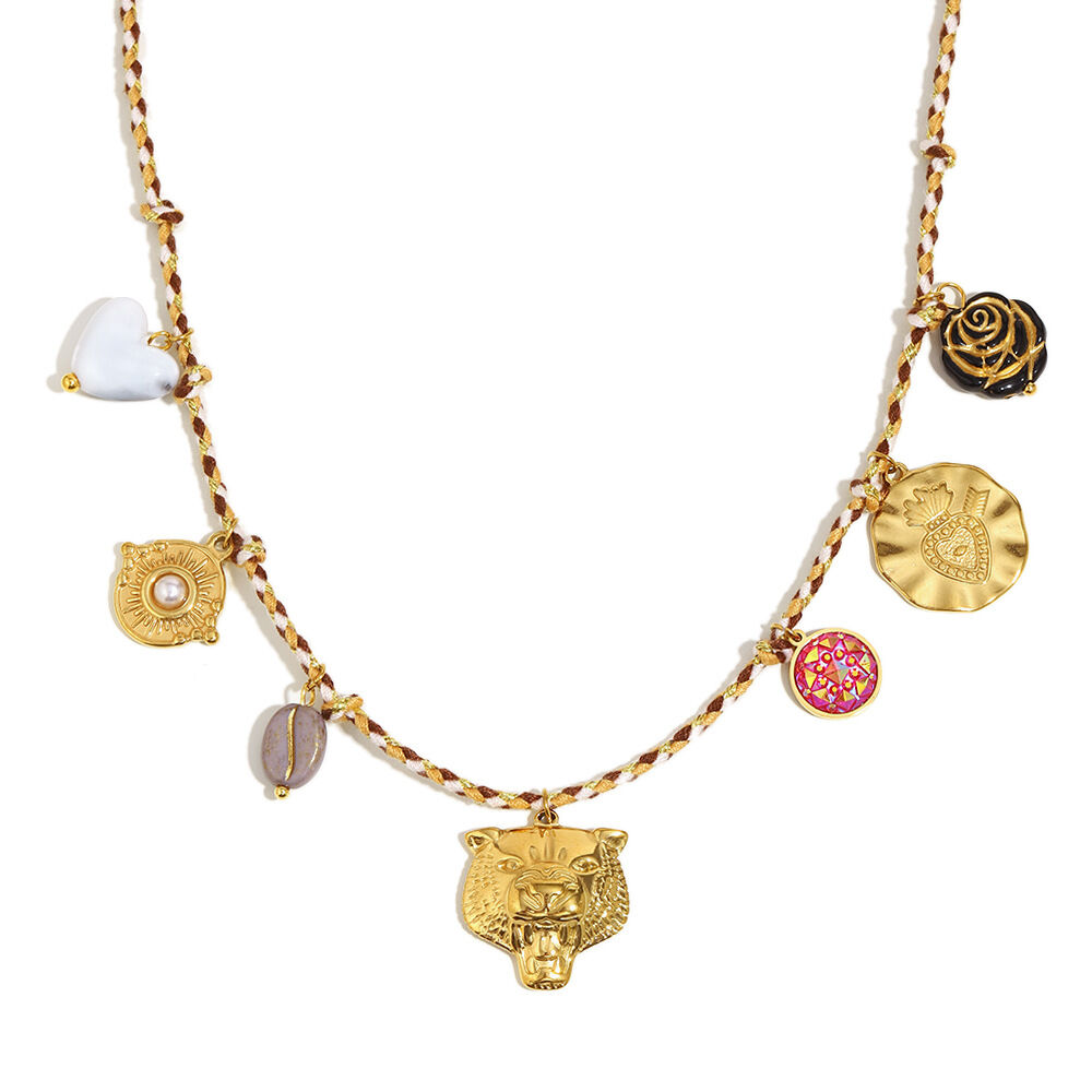 Collier en corde de couleur pêche avec tête de léopard hydraulique et perles rondes en forme de cœur - Or 