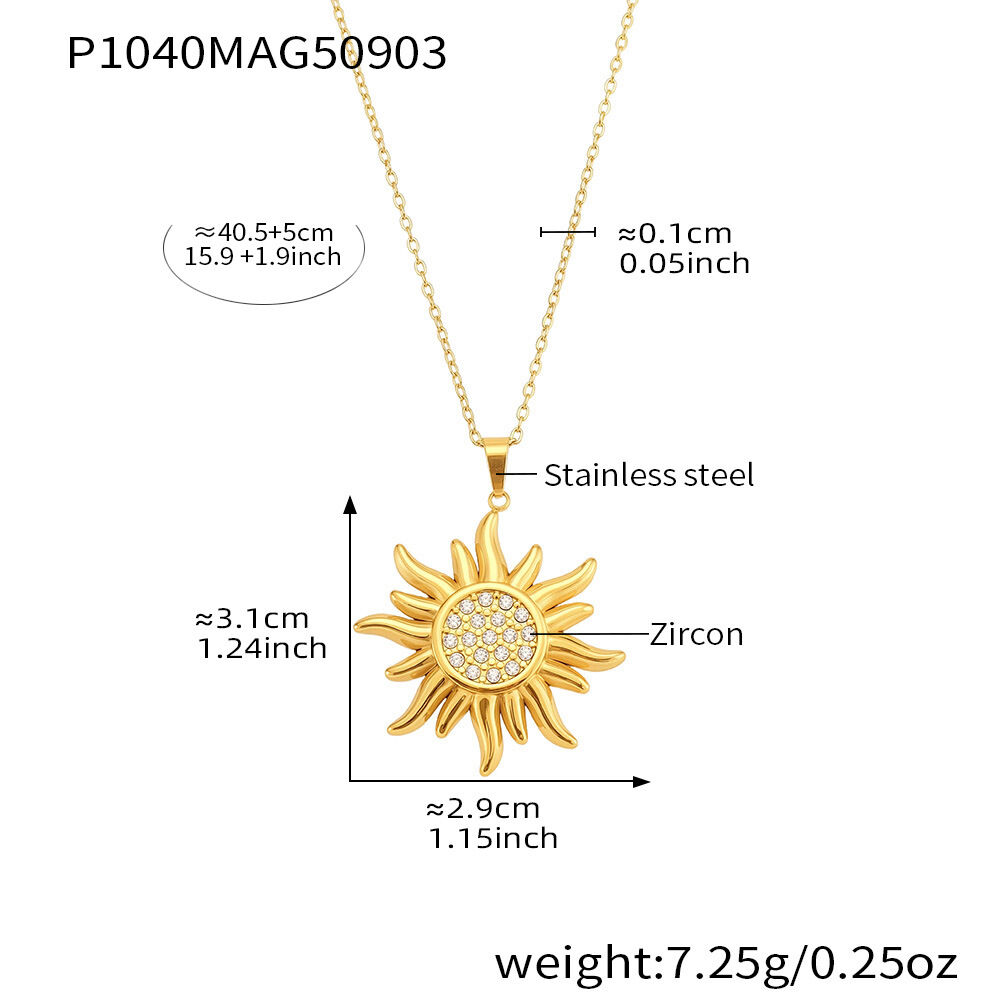 1 Piece Classic Sun Stainless Steel Waterproof Gold Color Zircon Women's Pendant Necklaces h5 