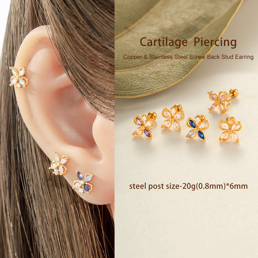 1 Piece Flower Copper Gold Color Zircon Piercing Earring h5 Picture4