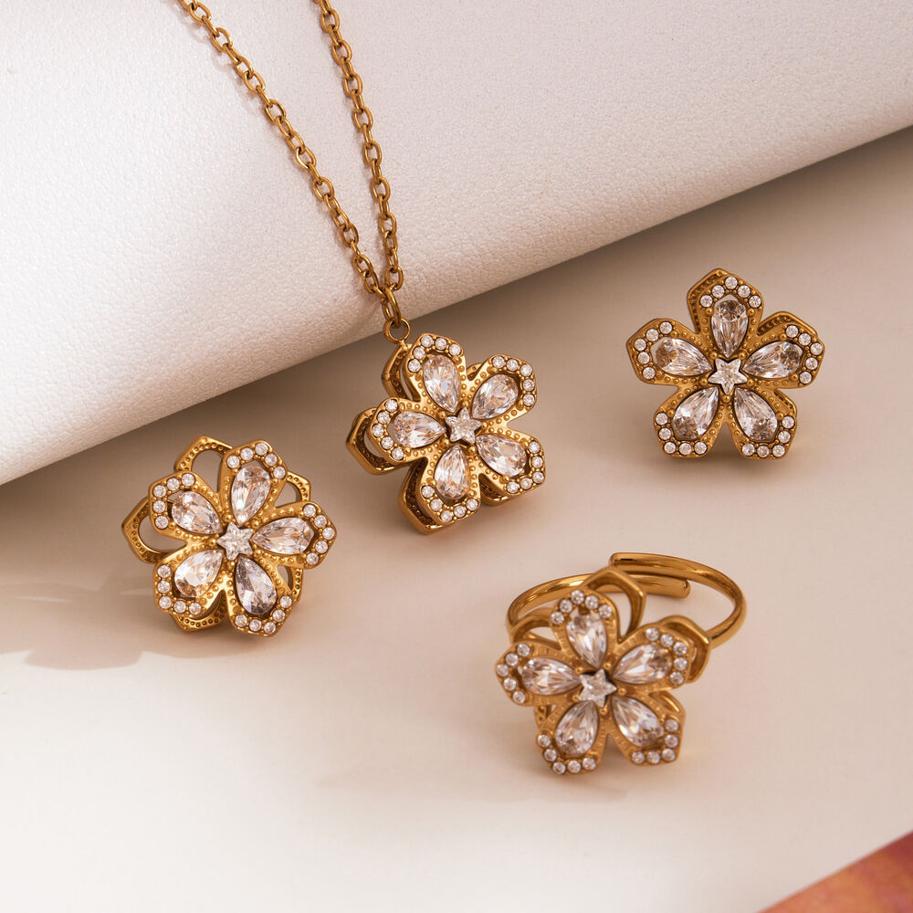 Classic Flower Rotatable Stainless Steel Waterproof Gold Color Zircon Women's Jewelry Sets Picture4