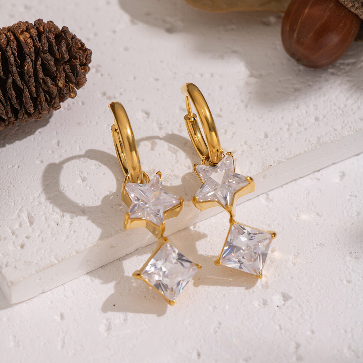 1 Pair Stainless Steel Waterproof Gold Color Star Zircon Drop Earrings 2