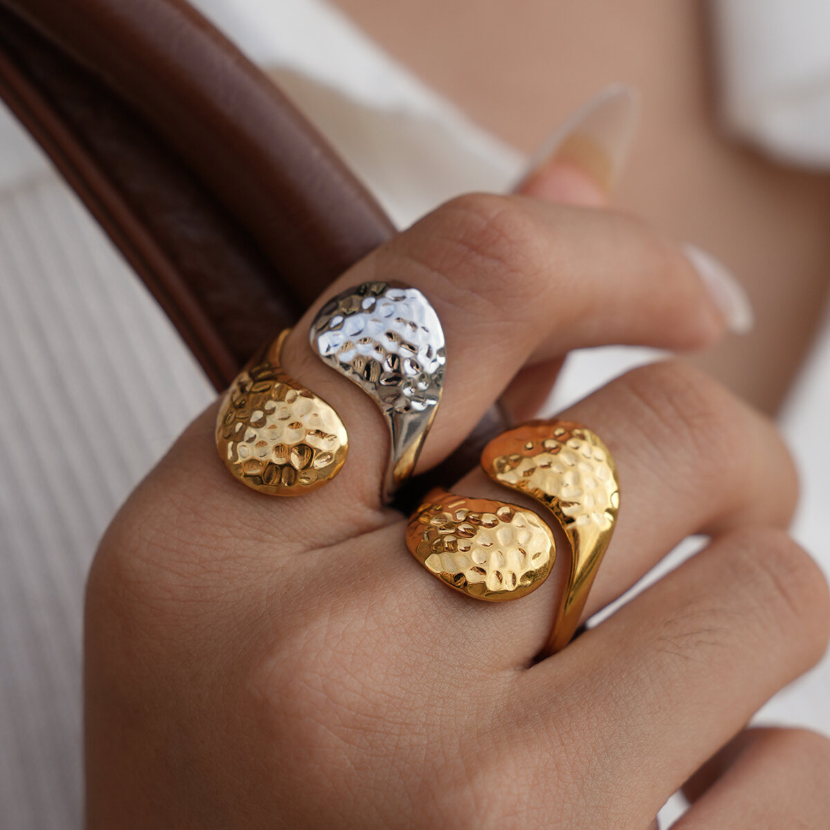 1 Piece Simple Irregular Shape Hammer Pattern Stainless Steel Waterproof  Women’s Statement Rings Picture4