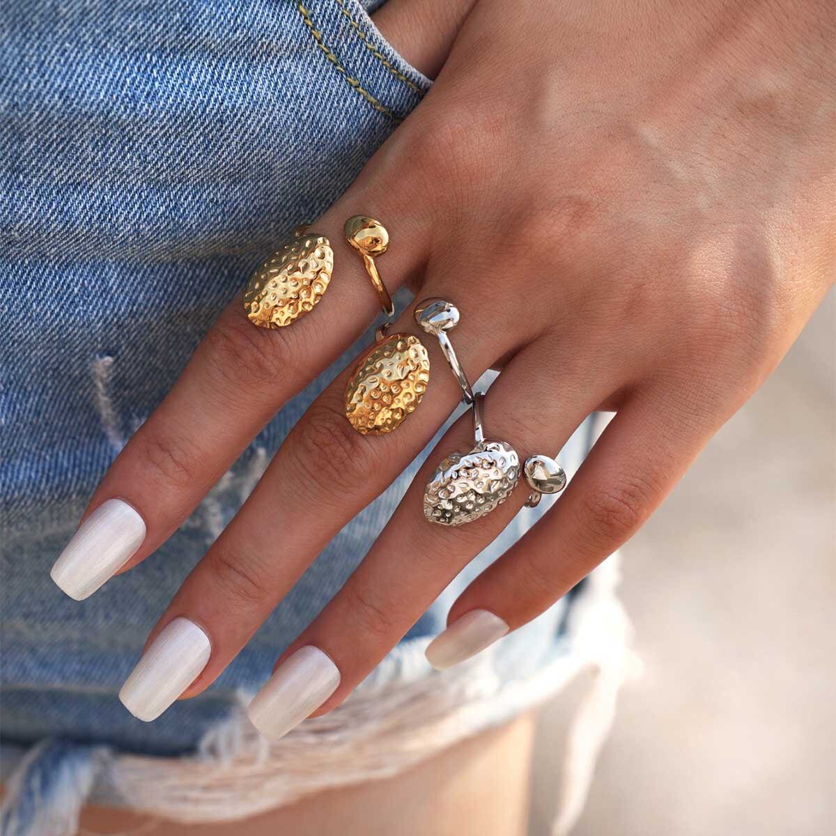 1 Piece Daily Hammer Pattern Stainless Steel Waterproof Gold Color Statement Rings h5 Picture7