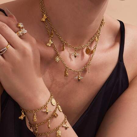 1 Piece Luxurious Flower&Bee Stainless Steel Waterproof Gold Color Women's Pendant Necklaces