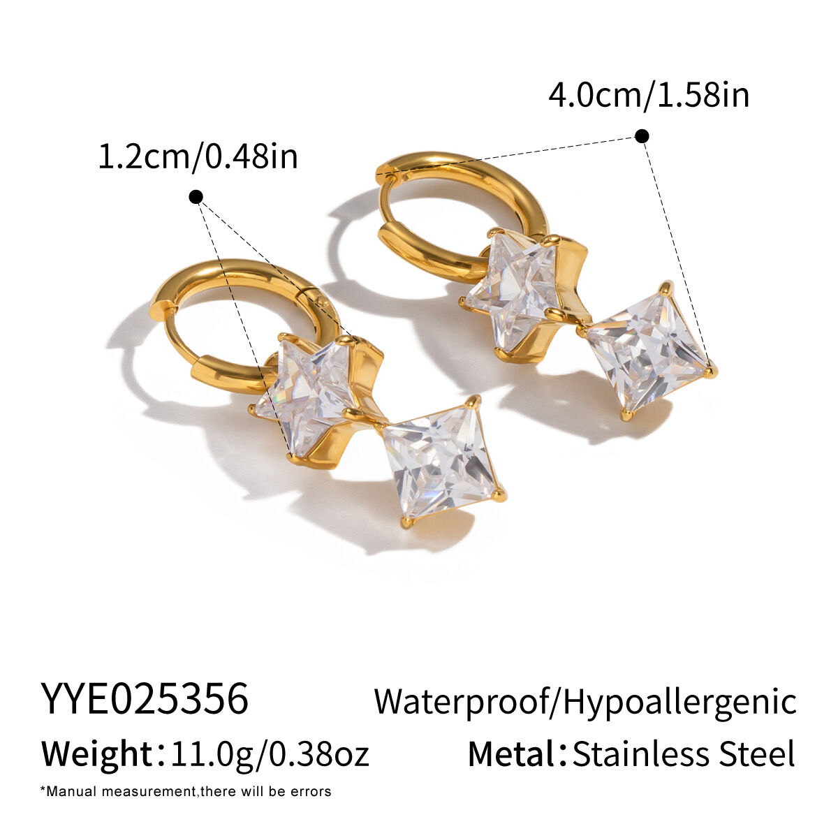 1 Pair Stainless Steel Waterproof Gold Color Star Zircon Drop Earrings h5