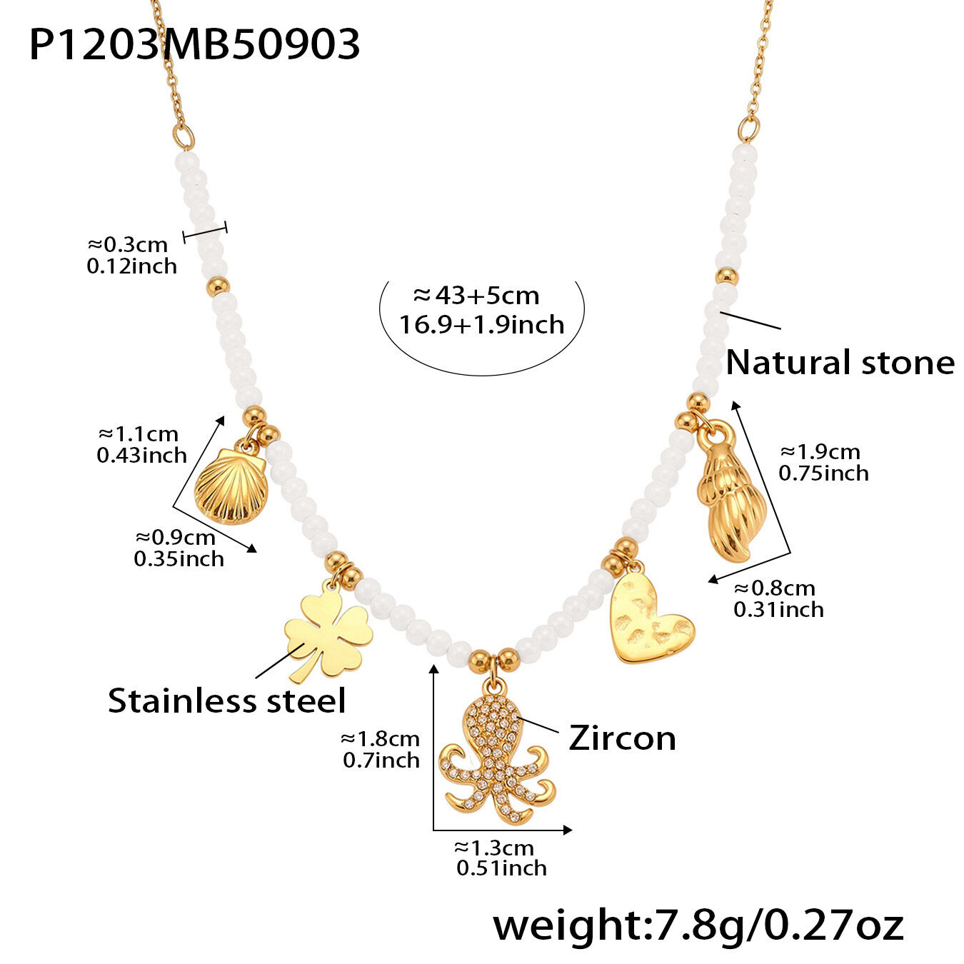 1 Piece Luxurious Octopus Stainless Steel Waterproof Gold Color Natural Stone Zircon Women's Beaded Necklaces h5 