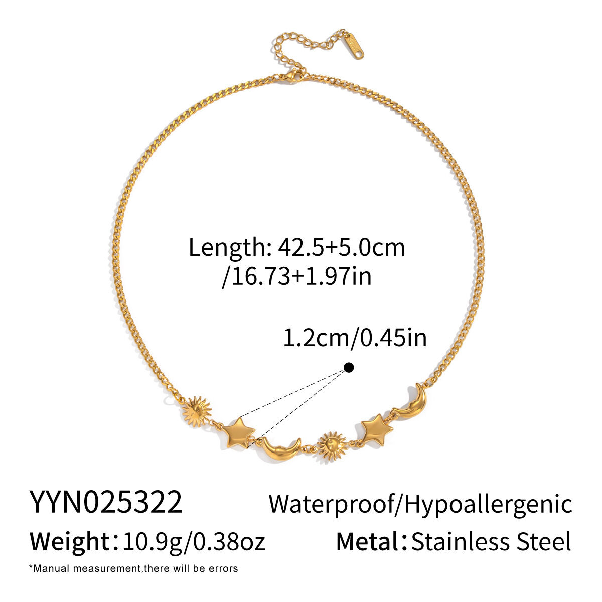 1 Piece Retro Sun Star Moon Stainless Steel Waterproof Gold Color Pendant Necklace h5 