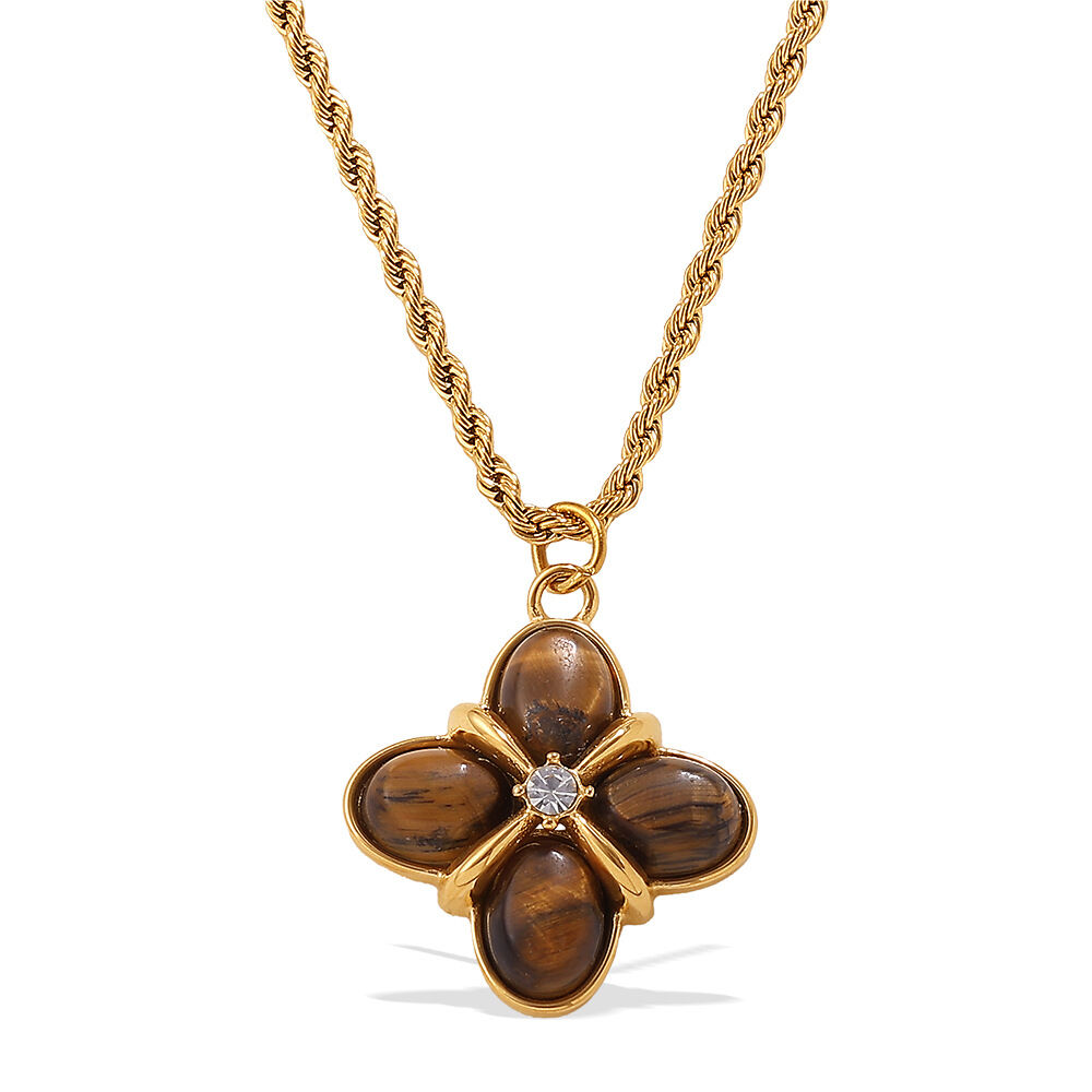 1 Piece Retro Flower Stainless Steel Waterproof Gold Color Natural Stone Pendant Necklace Picture5